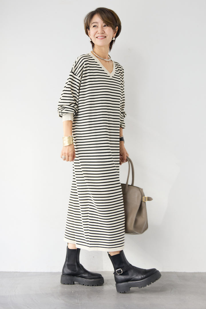 Vネックボーダー ロングワンピース