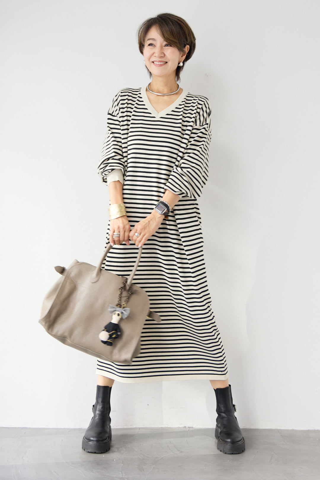 Vネックボーダー ロングワンピース