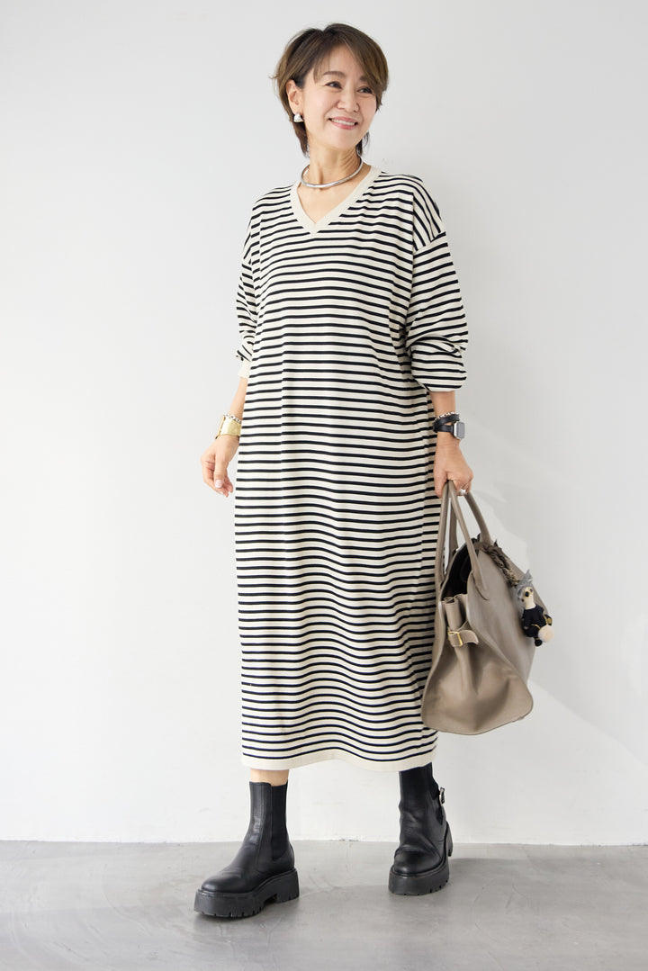 Vネックボーダー ロングワンピース