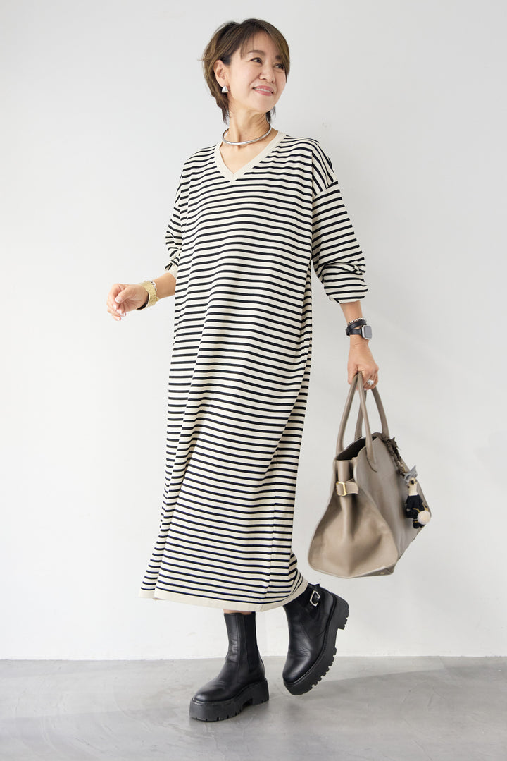 Vネックボーダー ロングワンピース