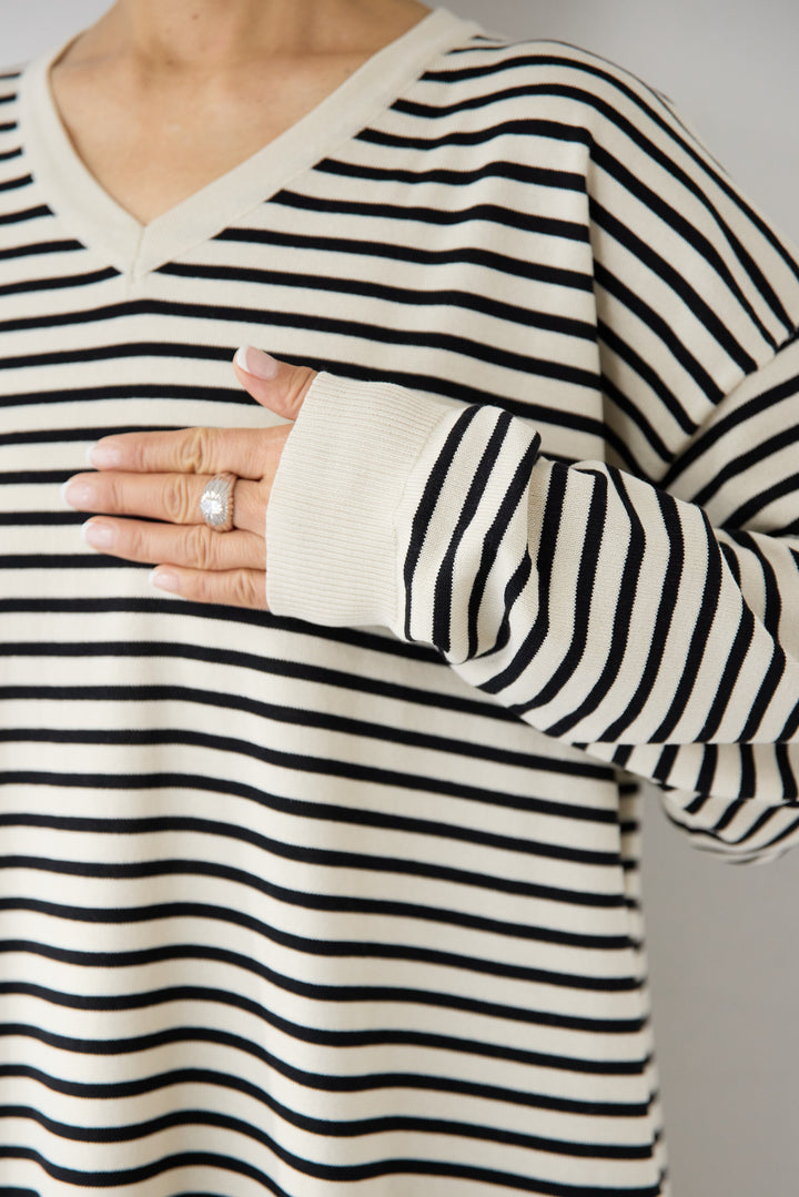 Vネックボーダー ロングワンピース