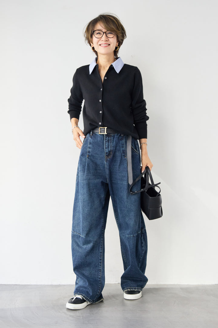 [SET]ストライプカラーニットカーディガン+カーブデニムパンツ(2set)