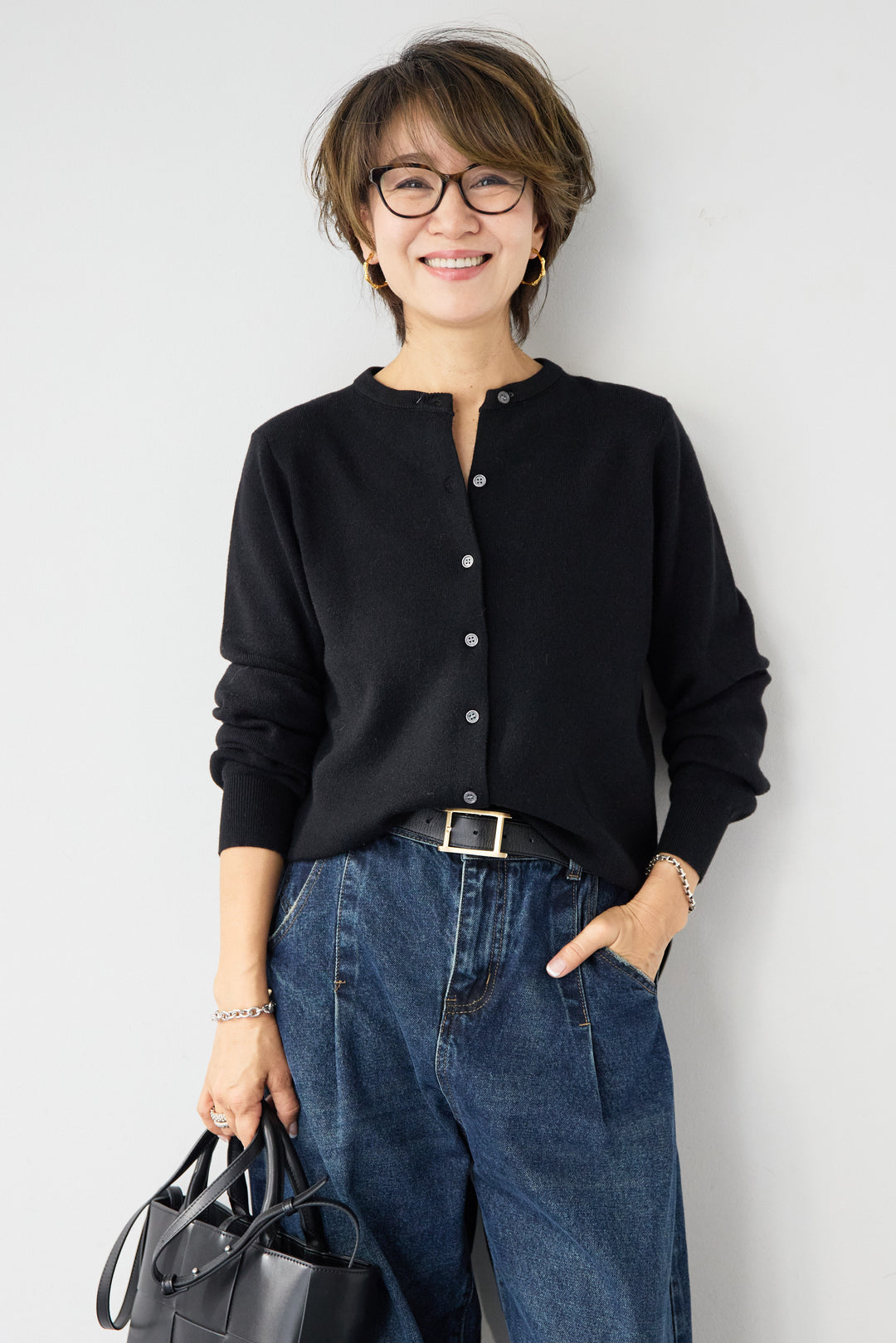 [SET]ストライプカラーニットカーディガン+カーブデニムパンツ(2set)