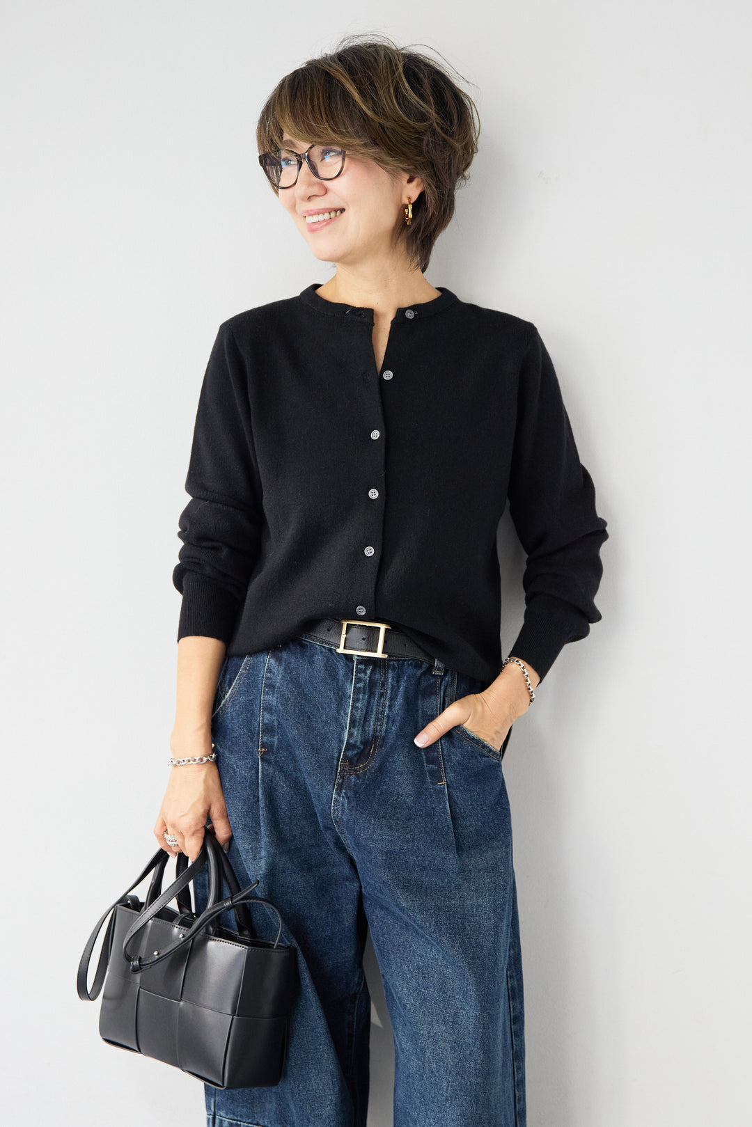 [SET]ストライプカラーニットカーディガン+カーブデニムパンツ(2set)