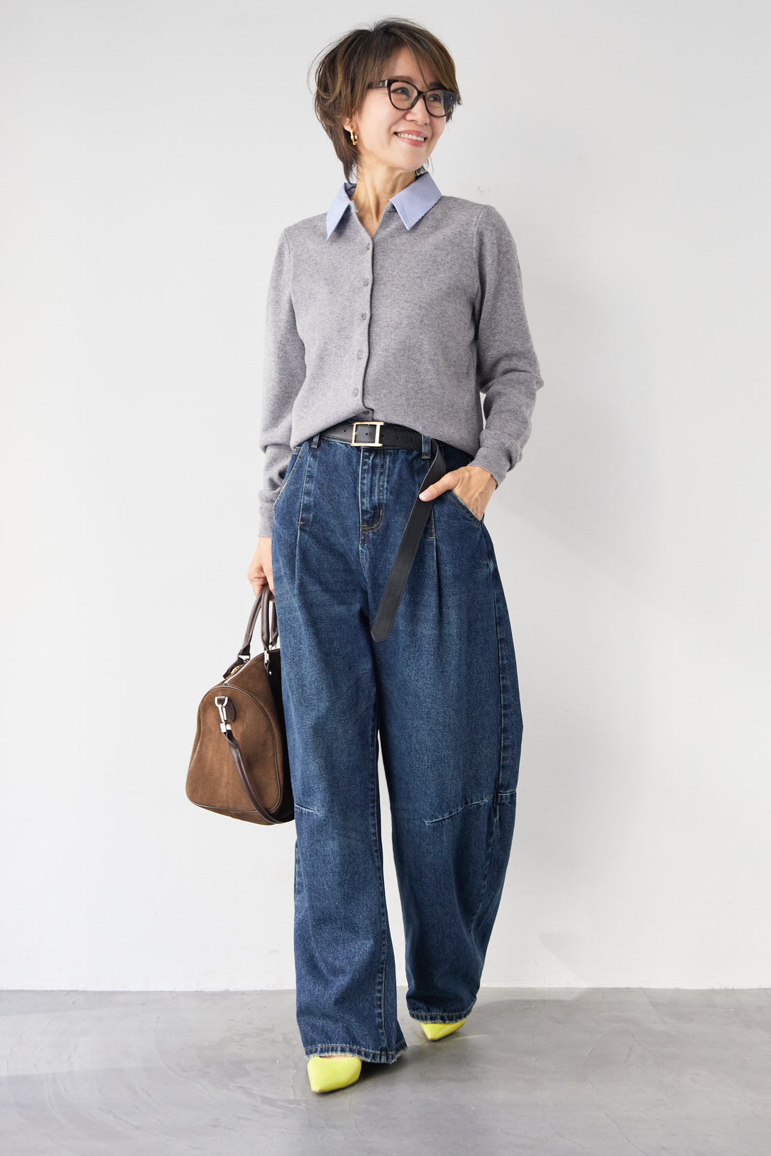 [SET]ストライプカラーニットカーディガン+カーブデニムパンツ(2set)