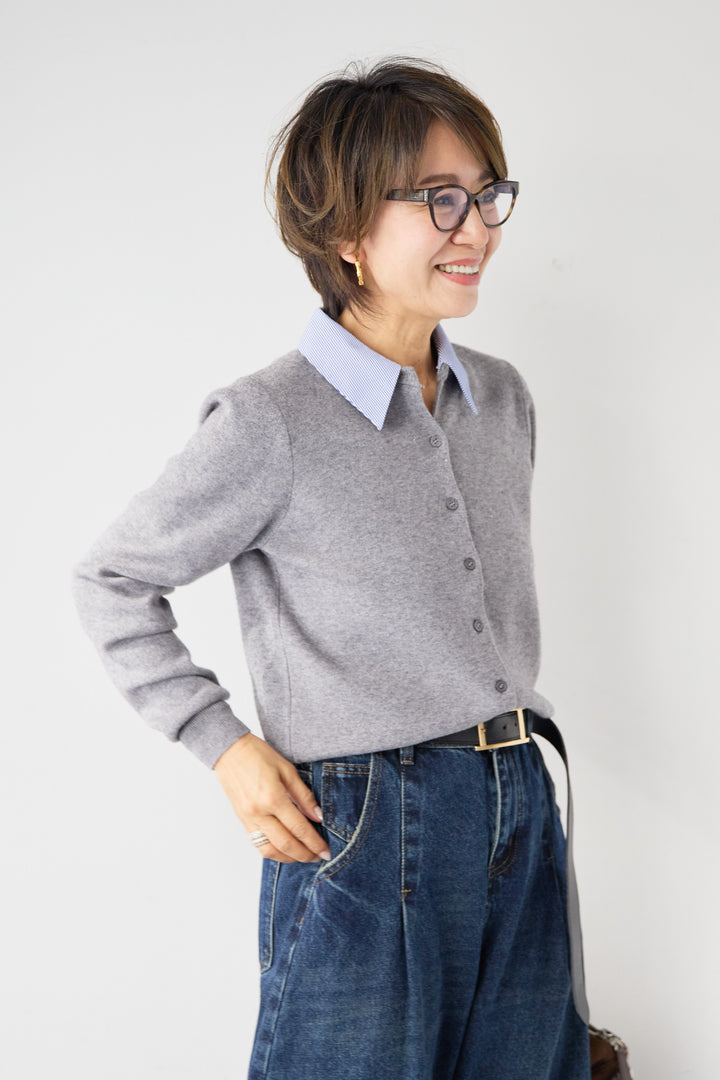 [SET]ストライプカラーニットカーディガン+カーブデニムパンツ(2set)