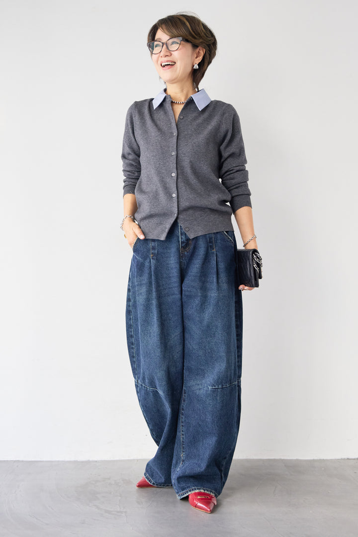 [SET]ストライプカラーニットカーディガン+カーブデニムパンツ(2set)