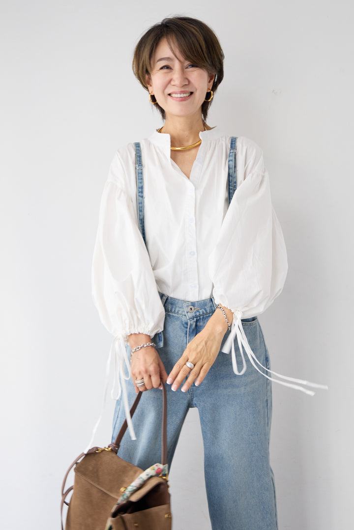 袖リボンギャザースリーブブラウス