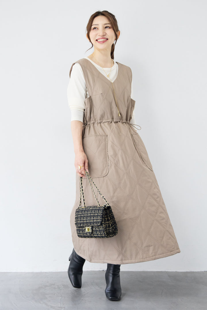 [SET]キルティングジャンパースカート+ストレッチクルーネックロンT(2set)