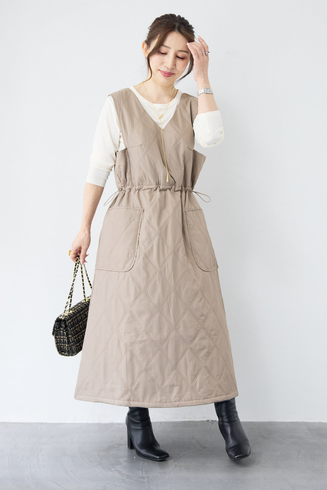 [SET]キルティングジャンパースカート+ストレッチクルーネックロンT(2set)