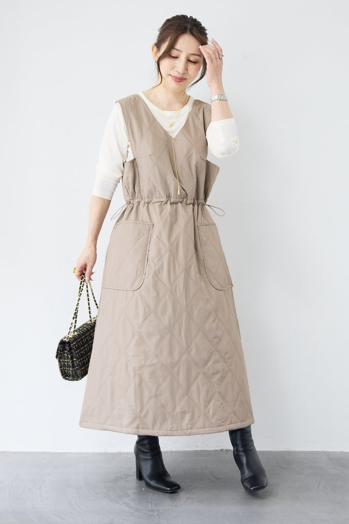 [SET]キルティングジャンパースカート+ストレッチクルーネックロンT(2set)