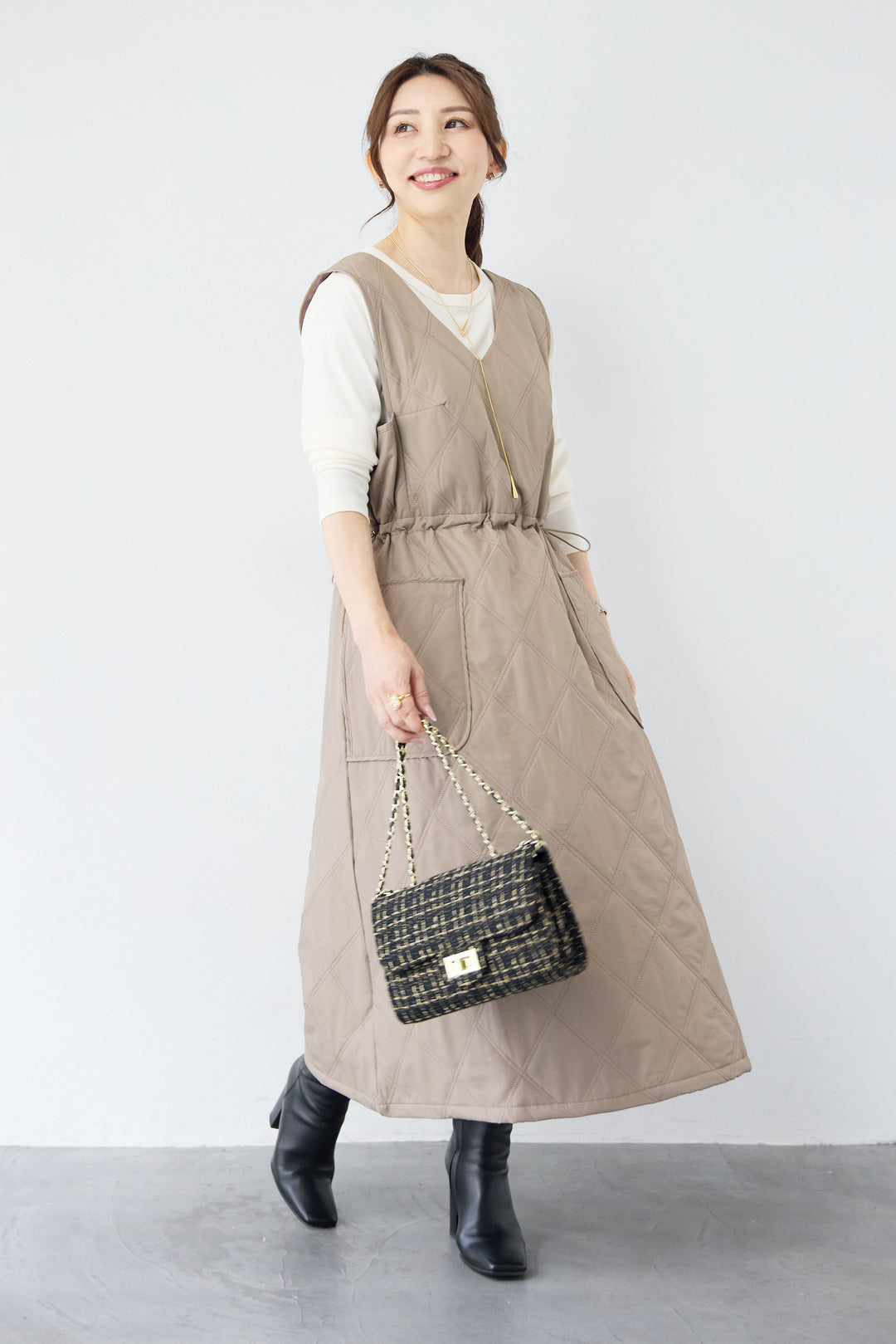 [SET]キルティングジャンパースカート+ストレッチクルーネックロンT(2set)