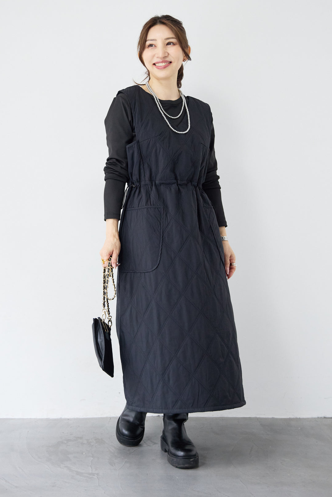 [SET]キルティングジャンパースカート+ストレッチクルーネックロンT(2set)