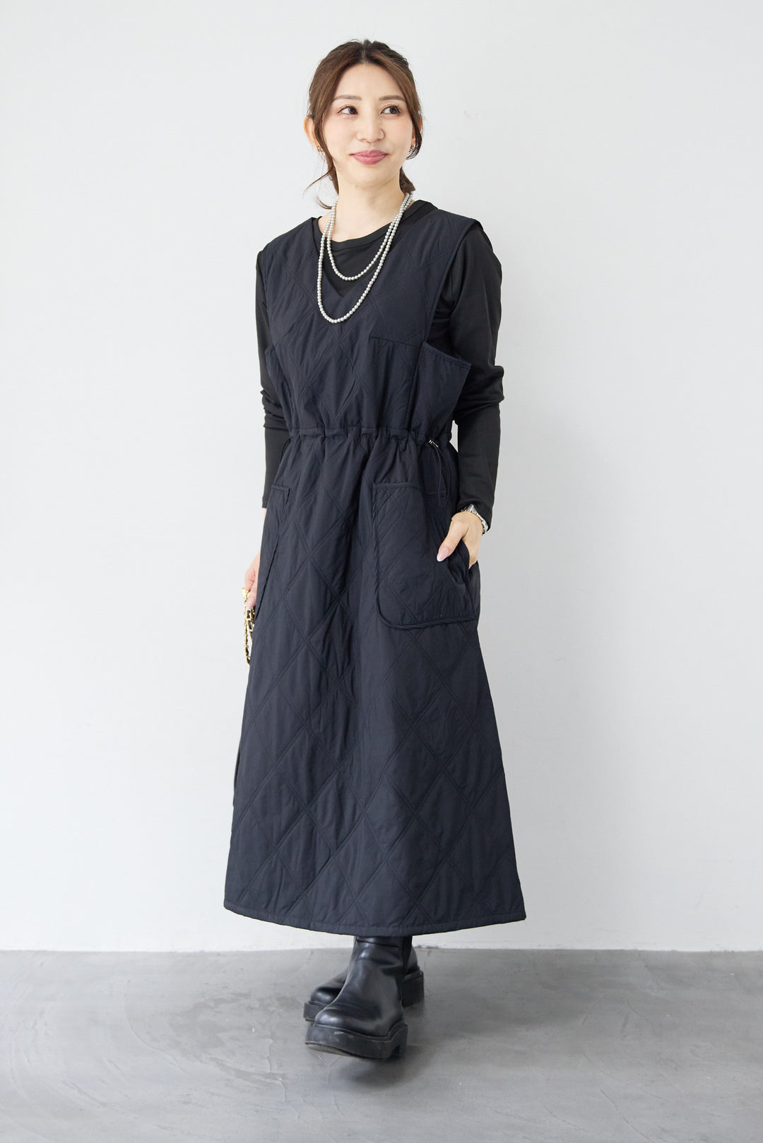 [SET]キルティングジャンパースカート+ストレッチクルーネックロンT(2set)