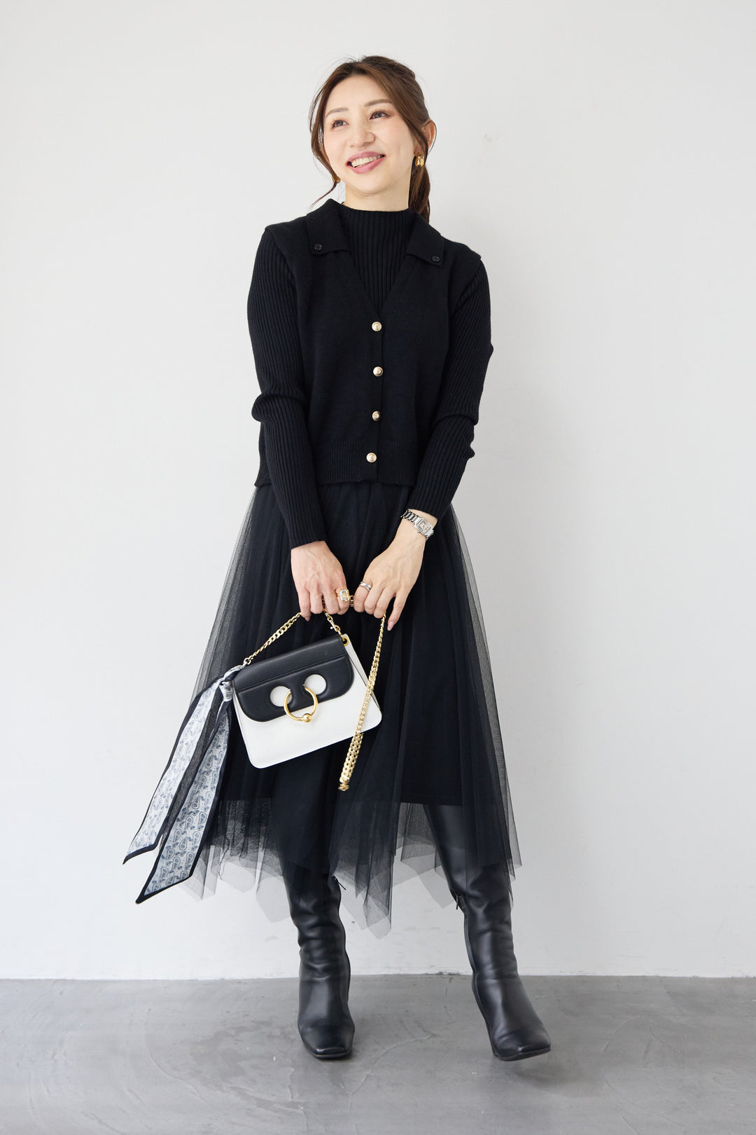 スカーフ付きニットベスト×チュールワンピース 3点セット