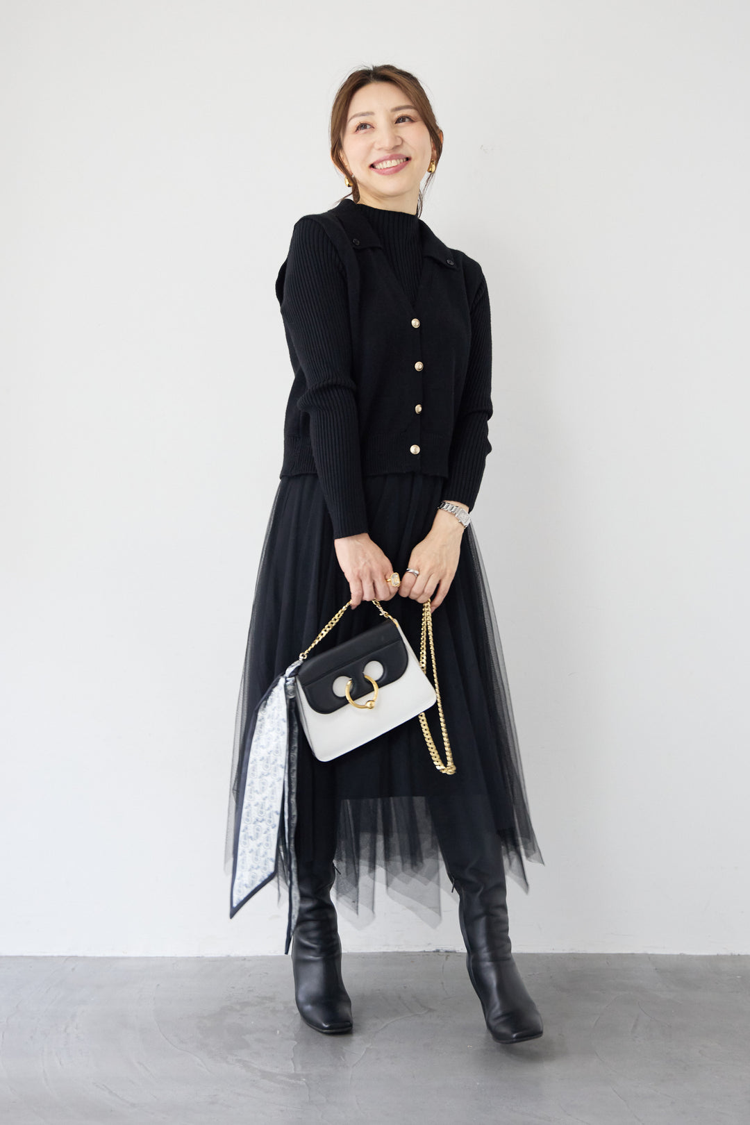 スカーフ付きニットベスト×チュールワンピース 3点セット