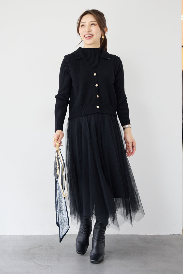 スカーフ付きニットベスト×チュールワンピース 3点セット
