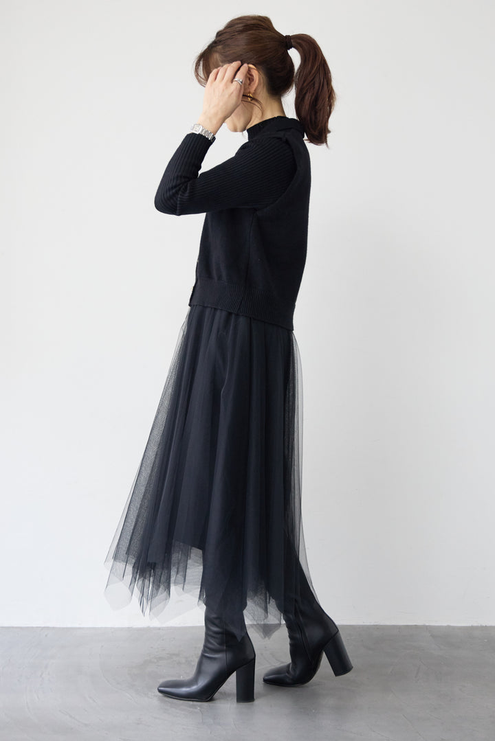 スカーフ付きニットベスト×チュールワンピース 3点セット