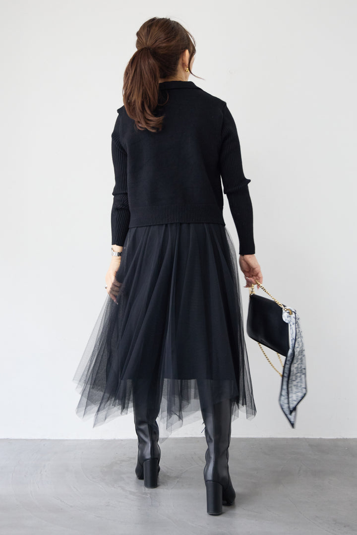 スカーフ付きニットベスト×チュールワンピース 3点セット