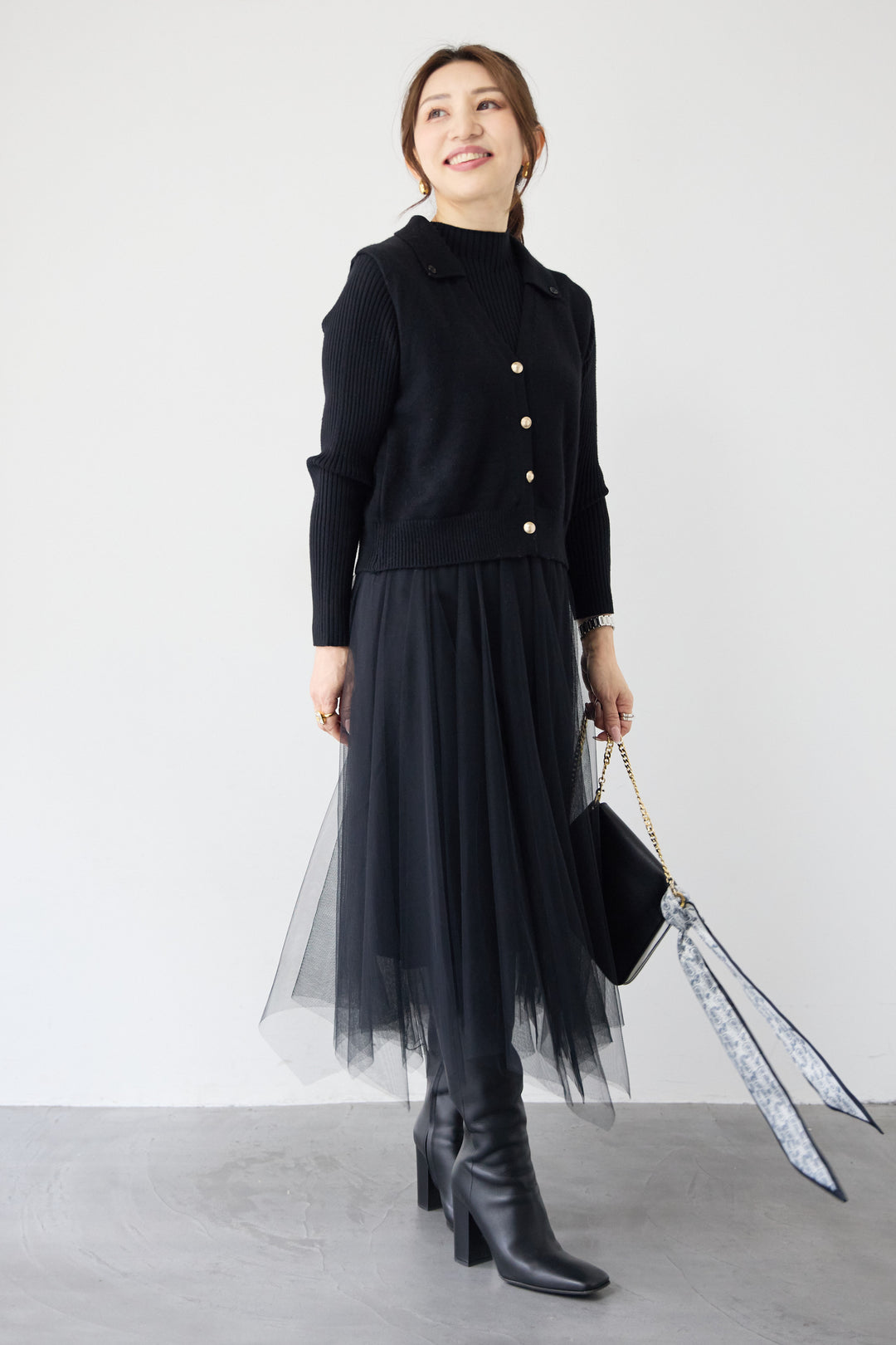 スカーフ付きニットベスト×チュールワンピース 3点セット