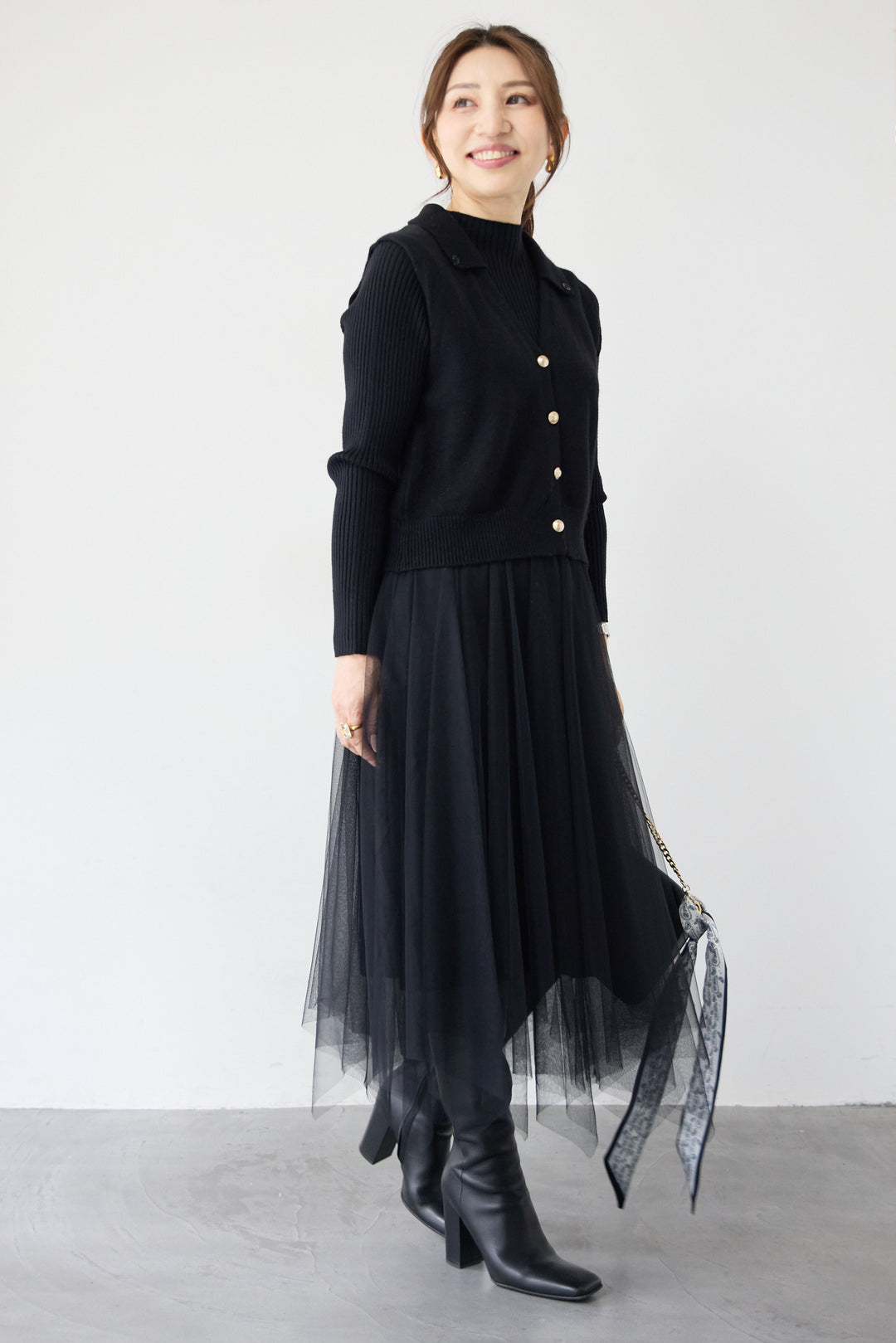 スカーフ付きニットベスト×チュールワンピース 3点セット