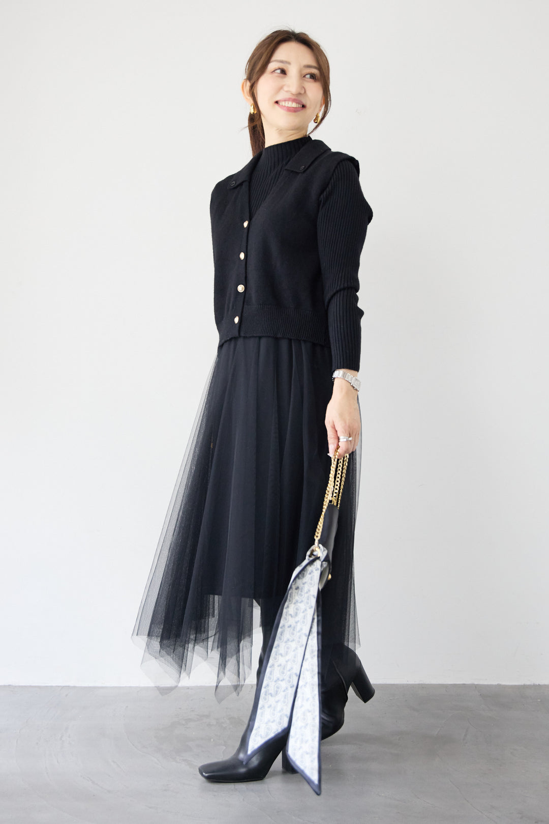 スカーフ付きニットベスト×チュールワンピース 3点セット