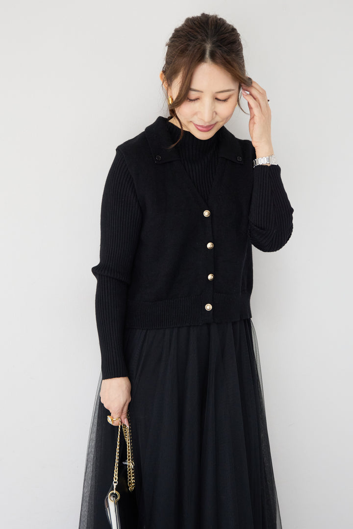 スカーフ付きニットベスト×チュールワンピース 3点セット
