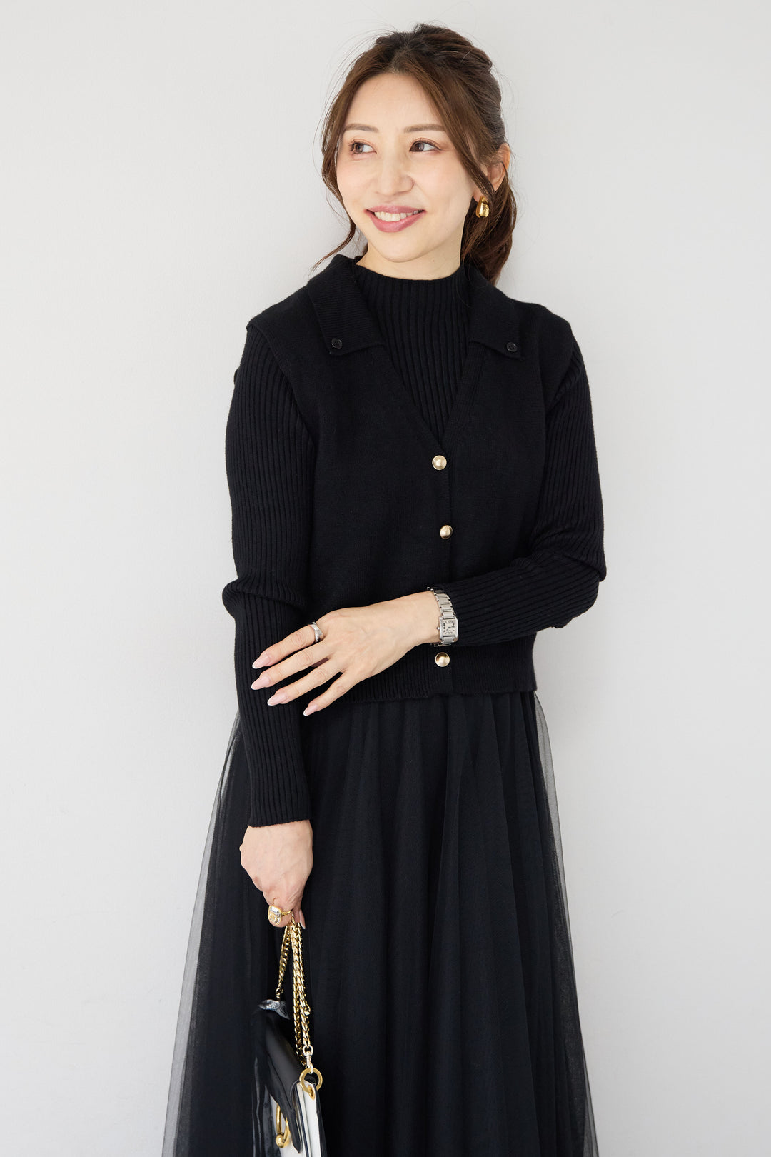 スカーフ付きニットベスト×チュールワンピース 3点セット