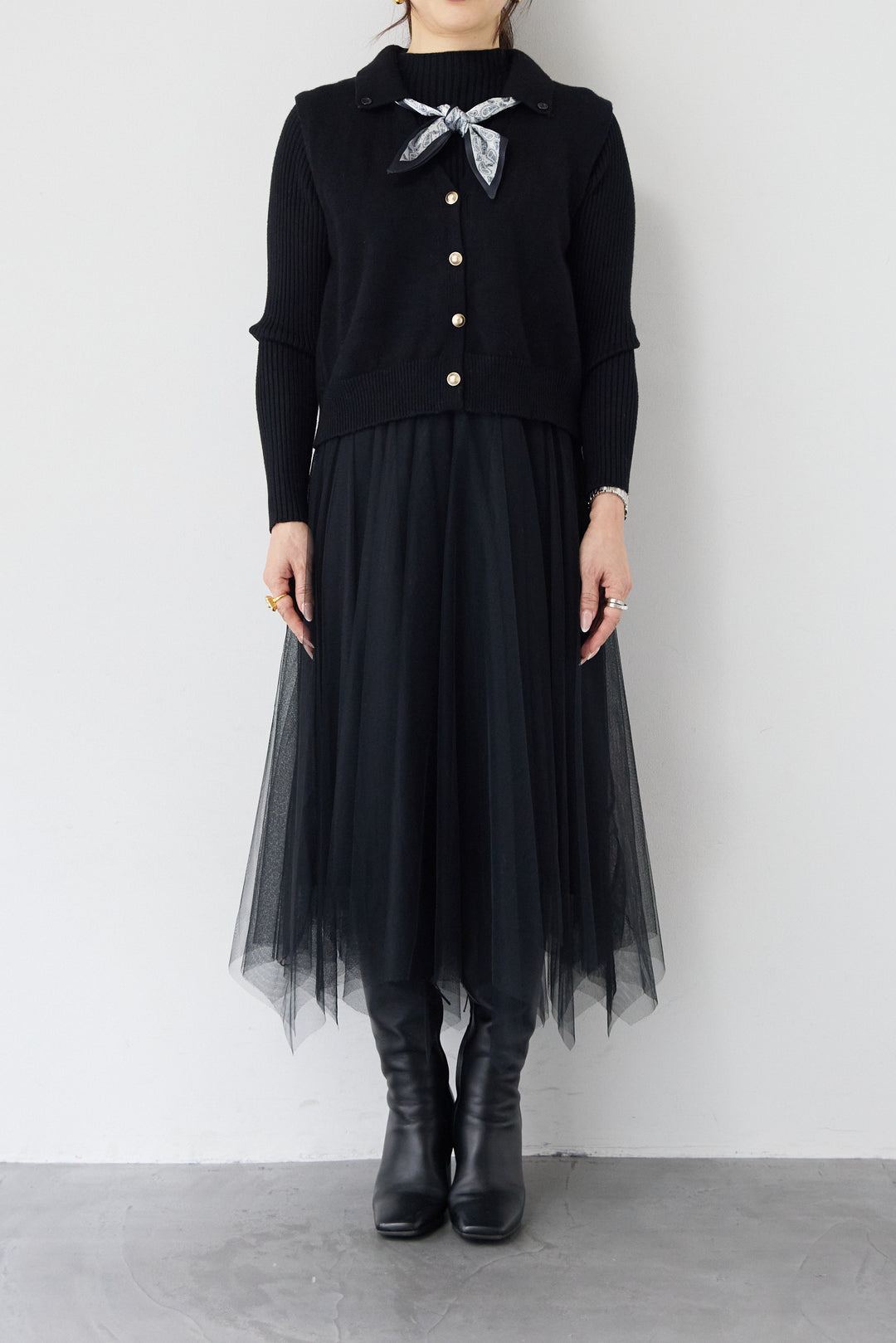 スカーフ付きニットベスト×チュールワンピース 3点セット