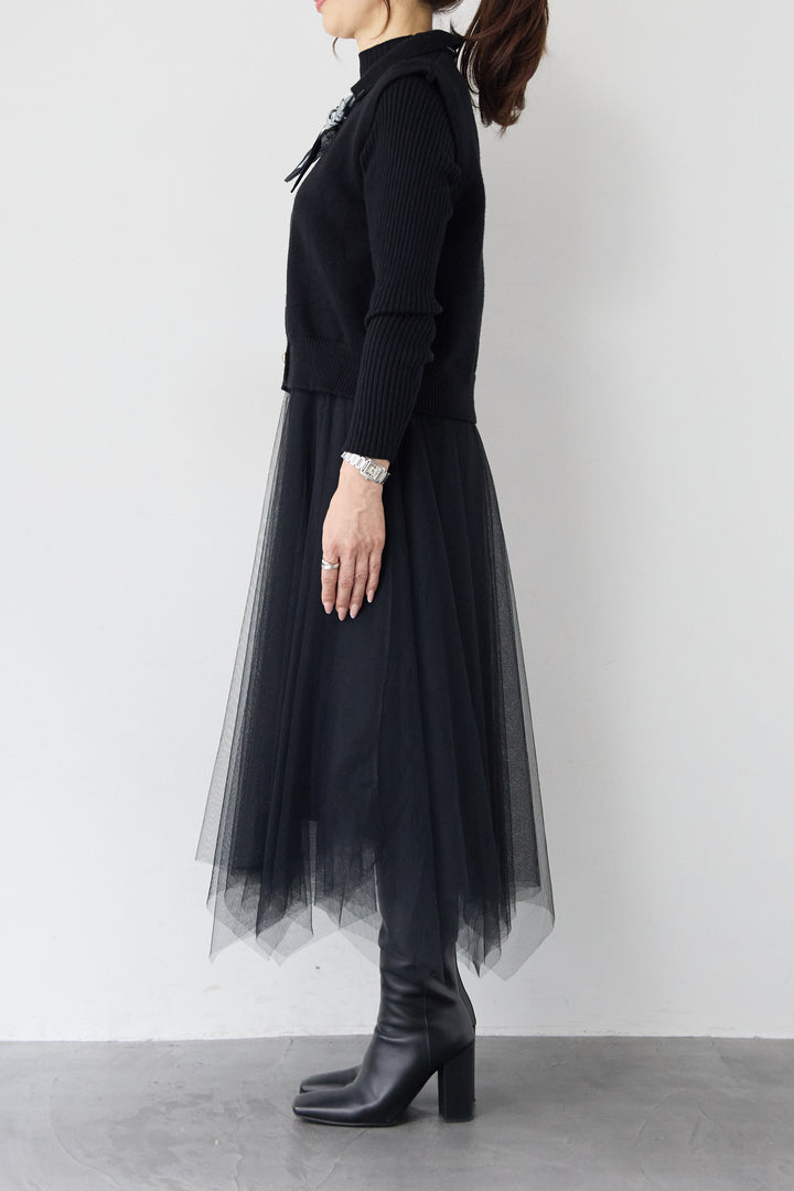 スカーフ付きニットベスト×チュールワンピース 3点セット