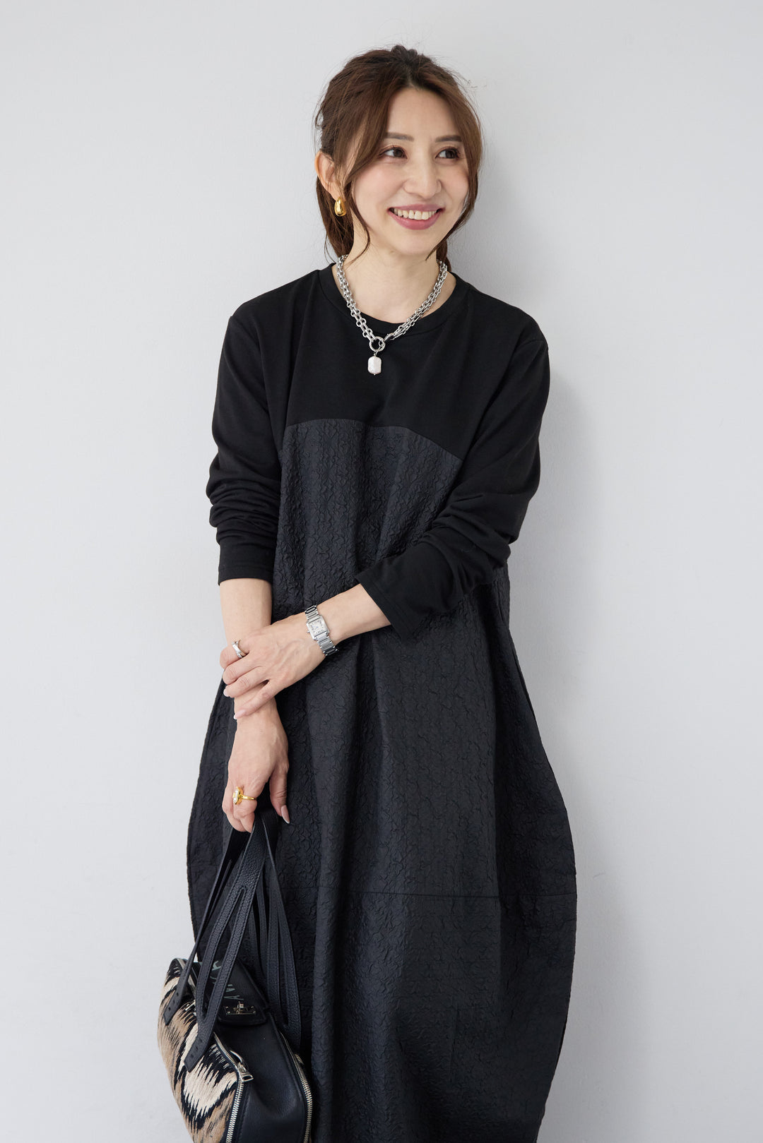 ジャガード切替コクーンワンピ