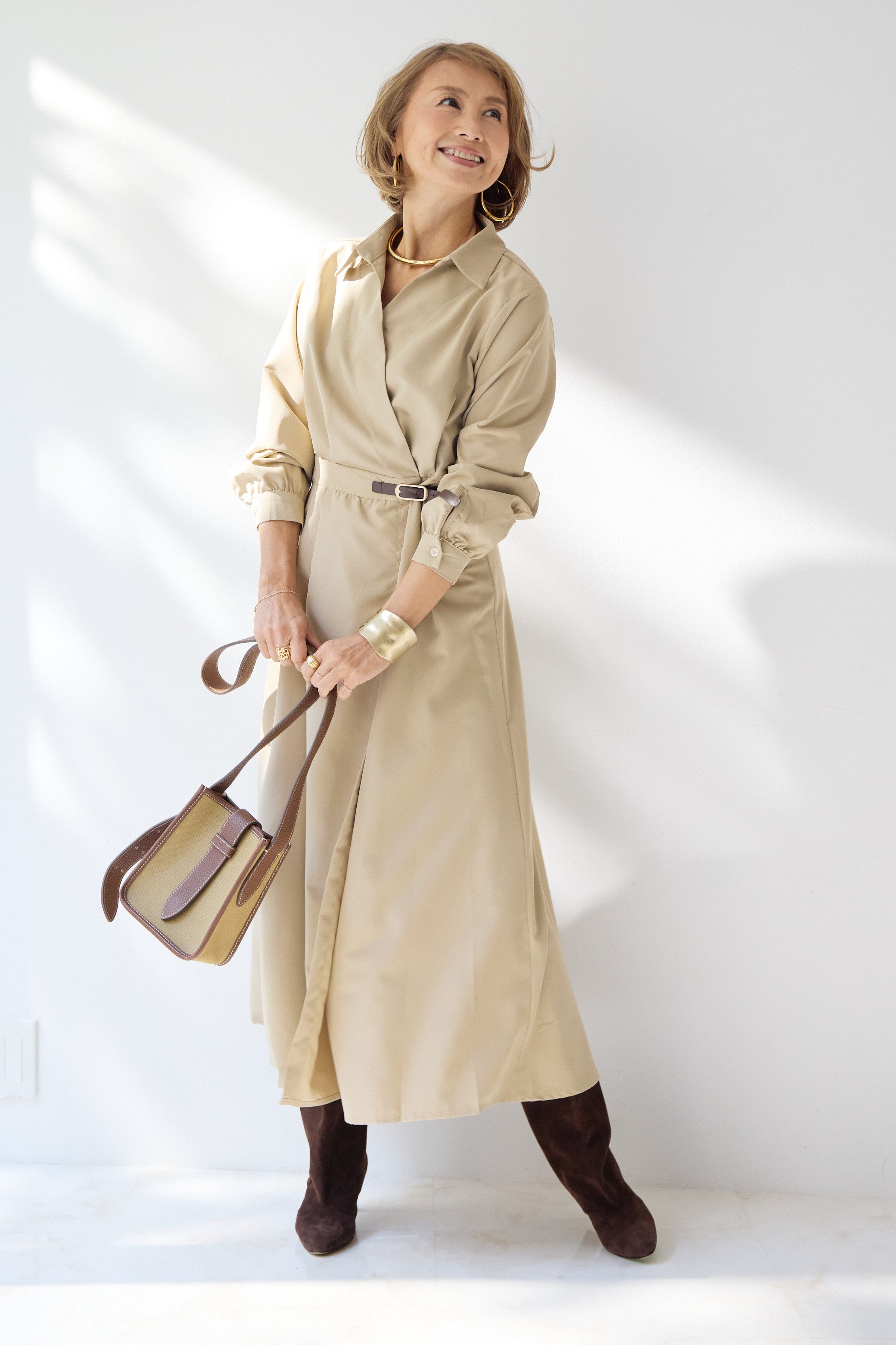 k*e様 PLUS OTO.HA 新品シャツワンピース　ベージュ　F カシュクールデザインシャツワンピース – plusotoha