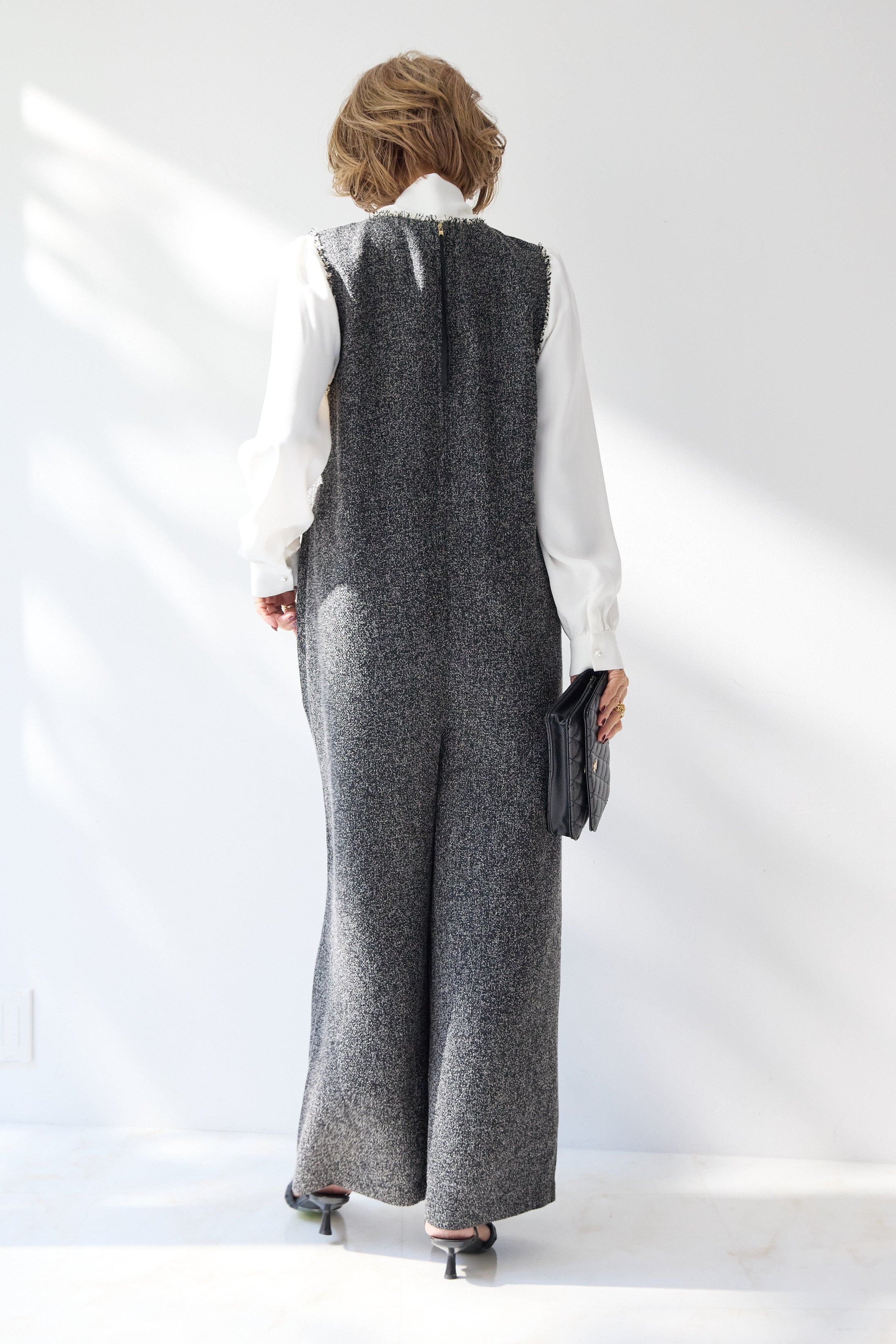 SET]ソフトドレープ ボウタイブラウス+フリンジツイードサロペット