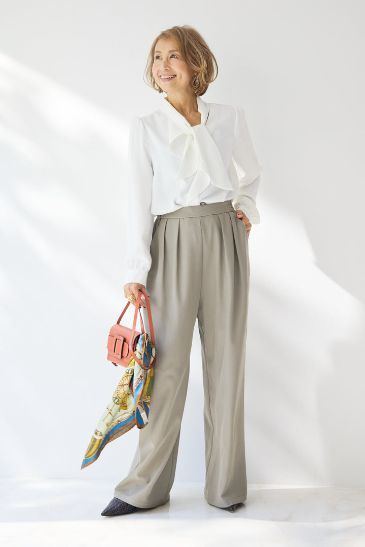 【イージーケア】ストレッチタックワイドパンツ