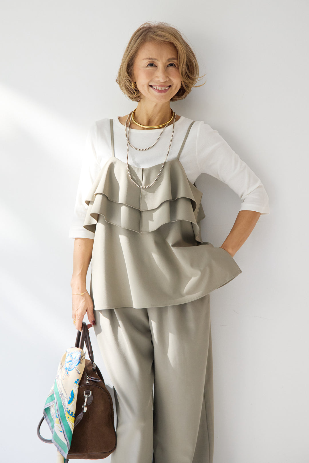 [SET]【イージーケア】ティアードフリル キャミソール+【イージーケア】ストレッチタックワイドパンツ+ベーシックフィット七分袖カットソー(3set)