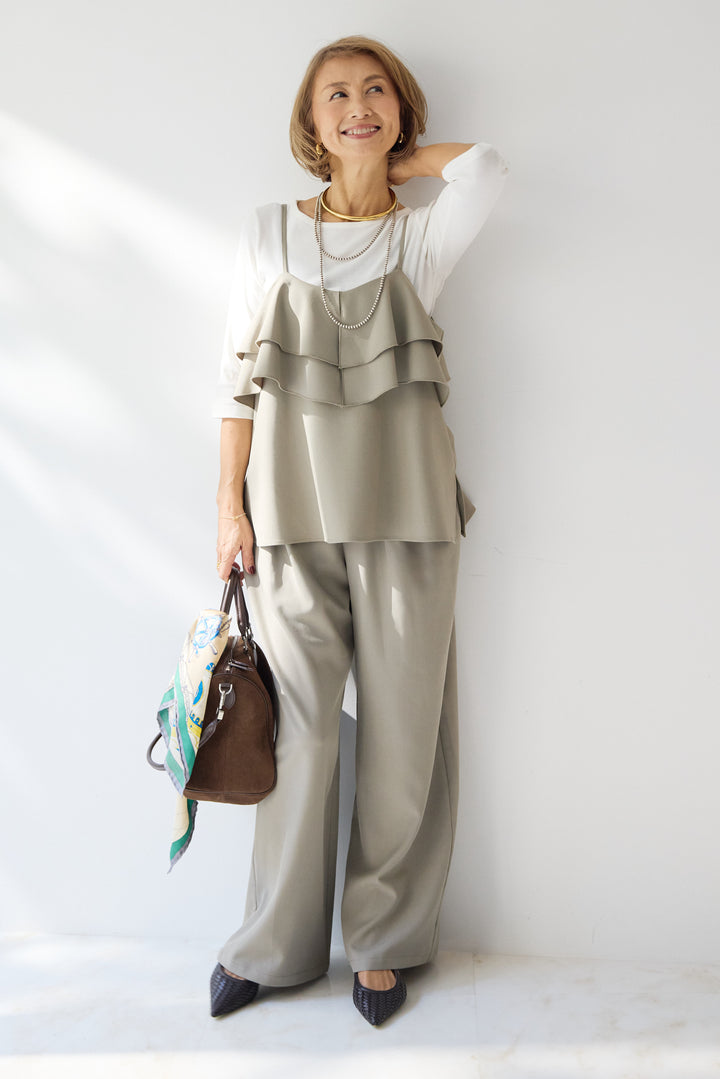 [SET]【イージーケア】ティアードフリル キャミソール+【イージーケア】ストレッチタックワイドパンツ+ベーシックフィット七分袖カットソー(3set)