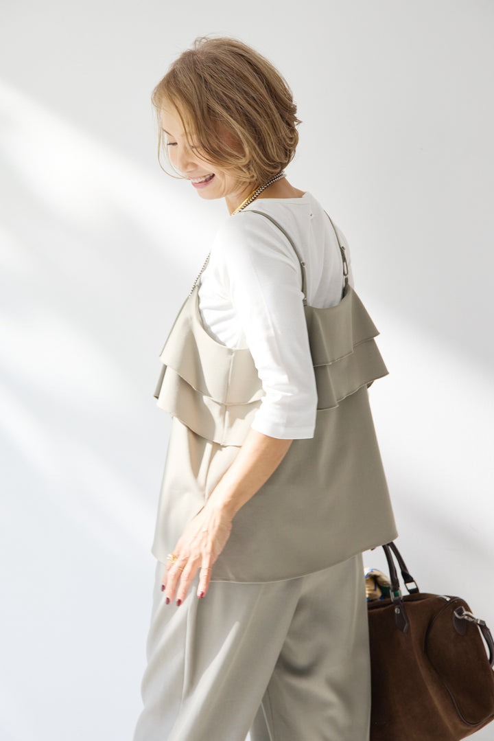 [SET]【イージーケア】ティアードフリル キャミソール+【イージーケア】ストレッチタックワイドパンツ+ベーシックフィット七分袖カットソー(3set)