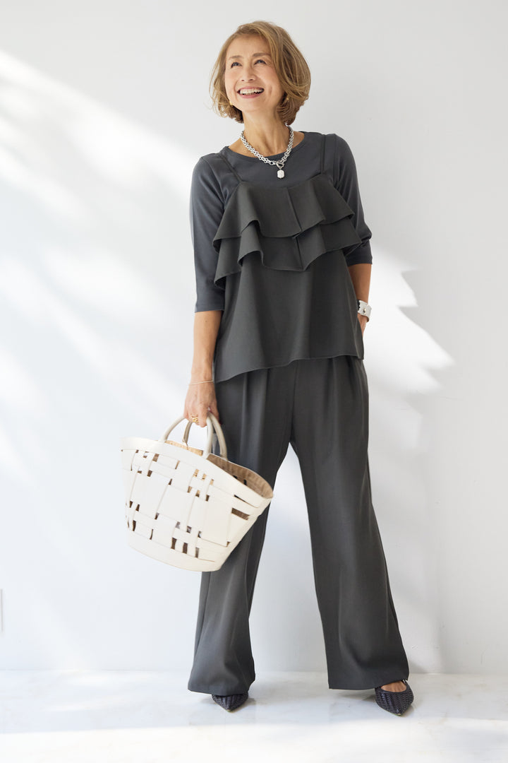 [SET]【イージーケア】ティアードフリル キャミソール+【イージーケア】ストレッチタックワイドパンツ+ベーシックフィット七分袖カットソー(3set)