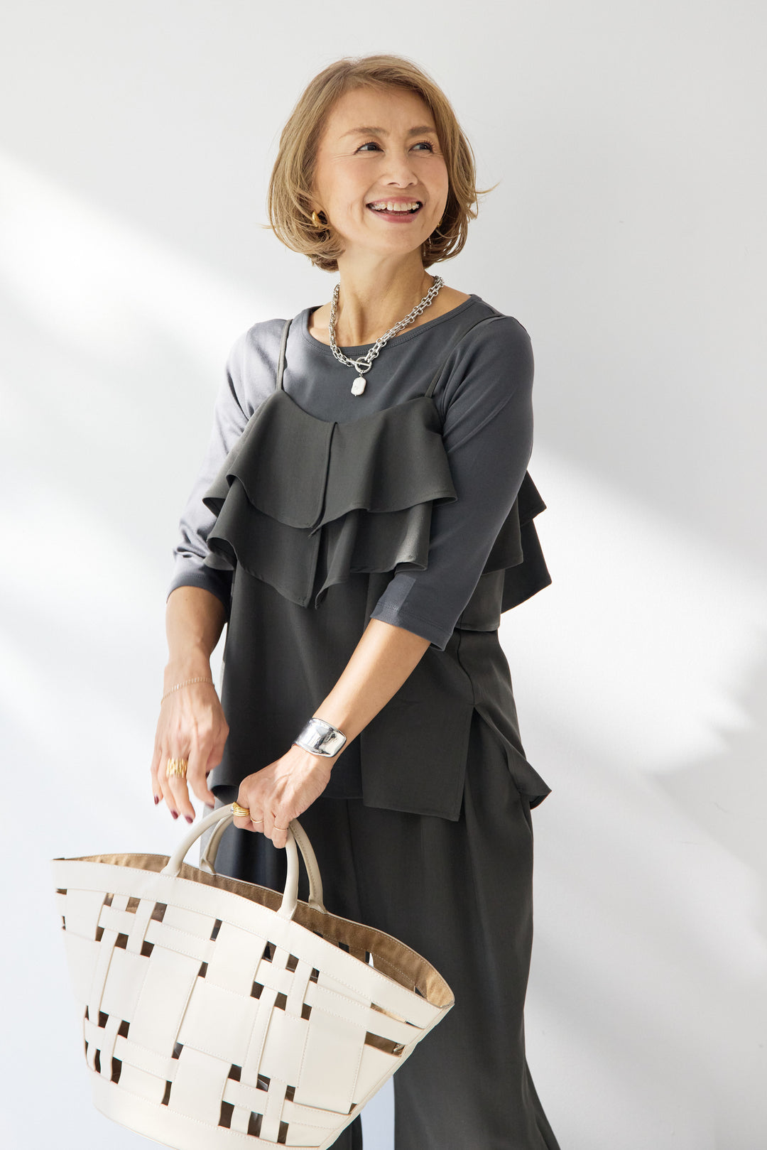 [SET]【イージーケア】ティアードフリル キャミソール+【イージーケア】ストレッチタックワイドパンツ+ベーシックフィット七分袖カットソー(3set)