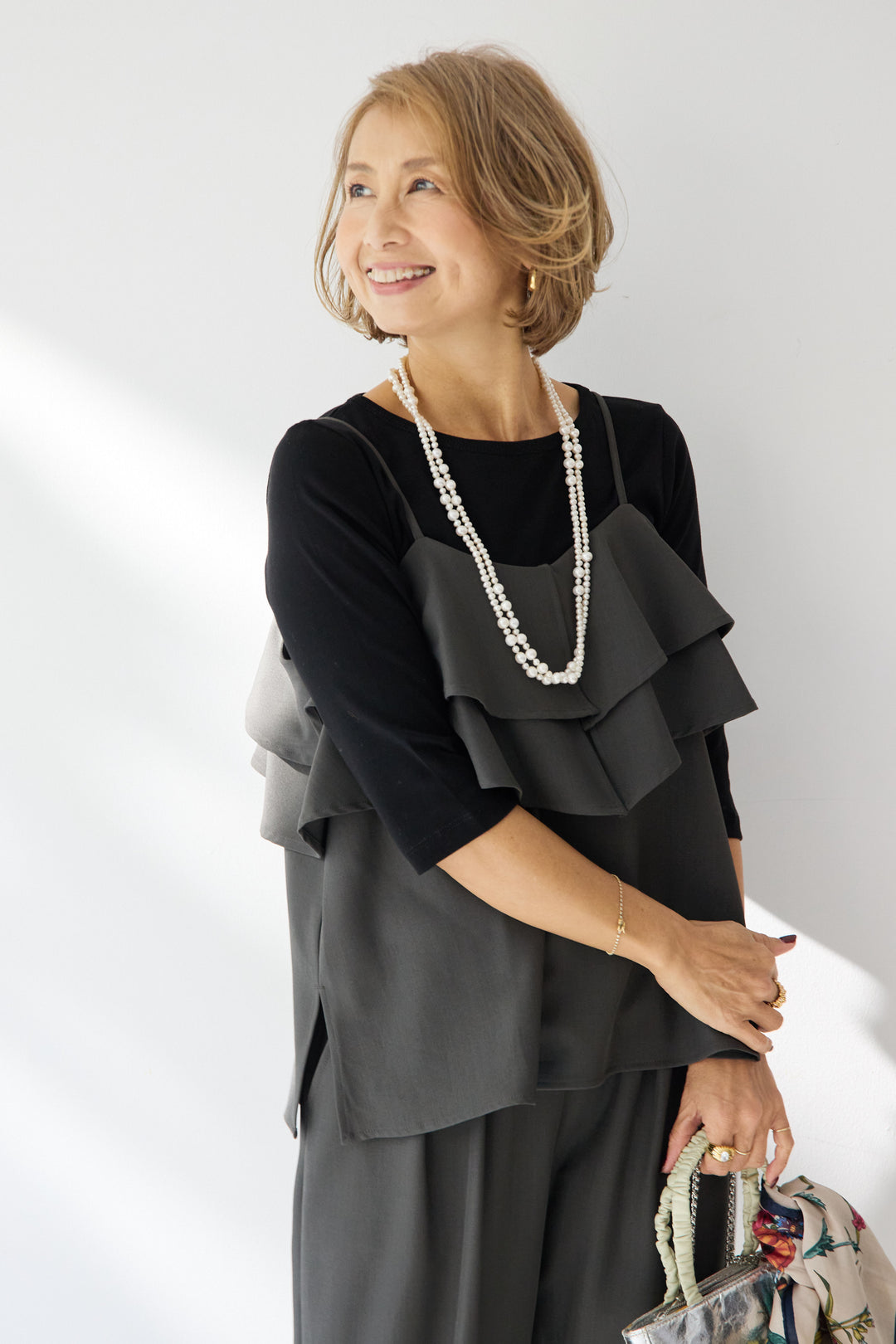 [SET]【イージーケア】ティアードフリル キャミソール+【イージーケア】ストレッチタックワイドパンツ+ベーシックフィット七分袖カットソー(3set)