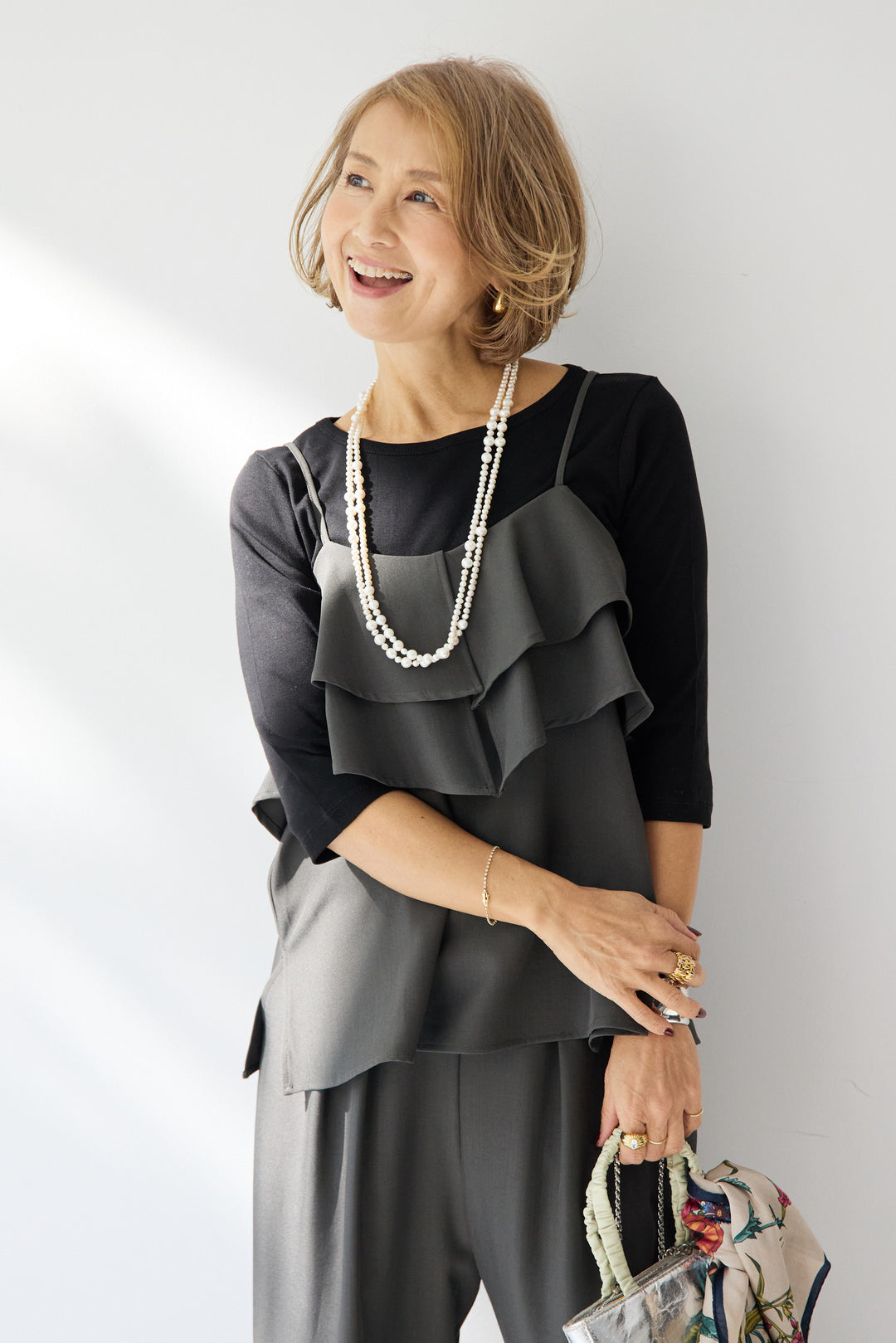 [SET]【イージーケア】ティアードフリル キャミソール+【イージーケア】ストレッチタックワイドパンツ+ベーシックフィット七分袖カットソー(3set)