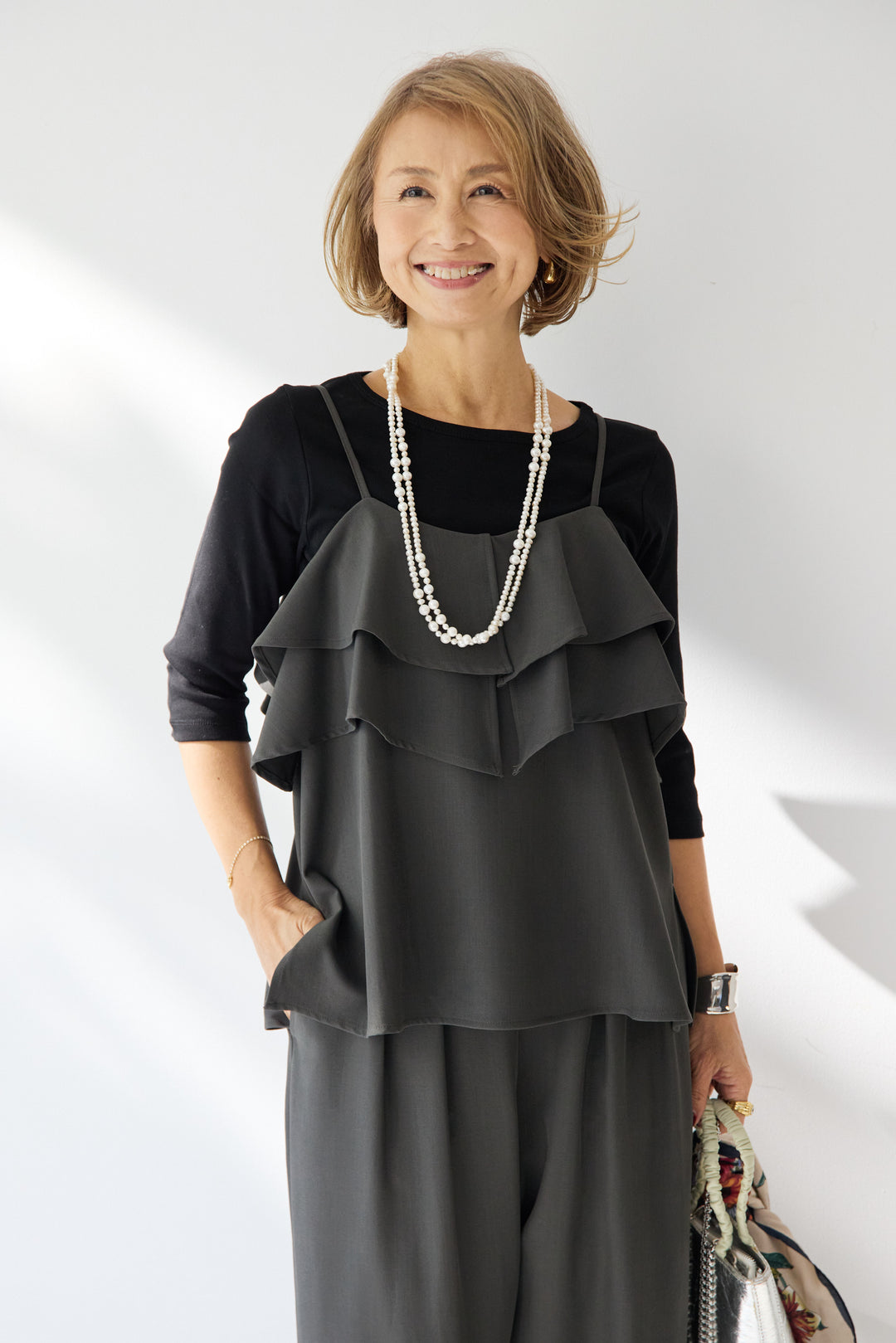 [SET]【イージーケア】ティアードフリル キャミソール+【イージーケア】ストレッチタックワイドパンツ+ベーシックフィット七分袖カットソー(3set)