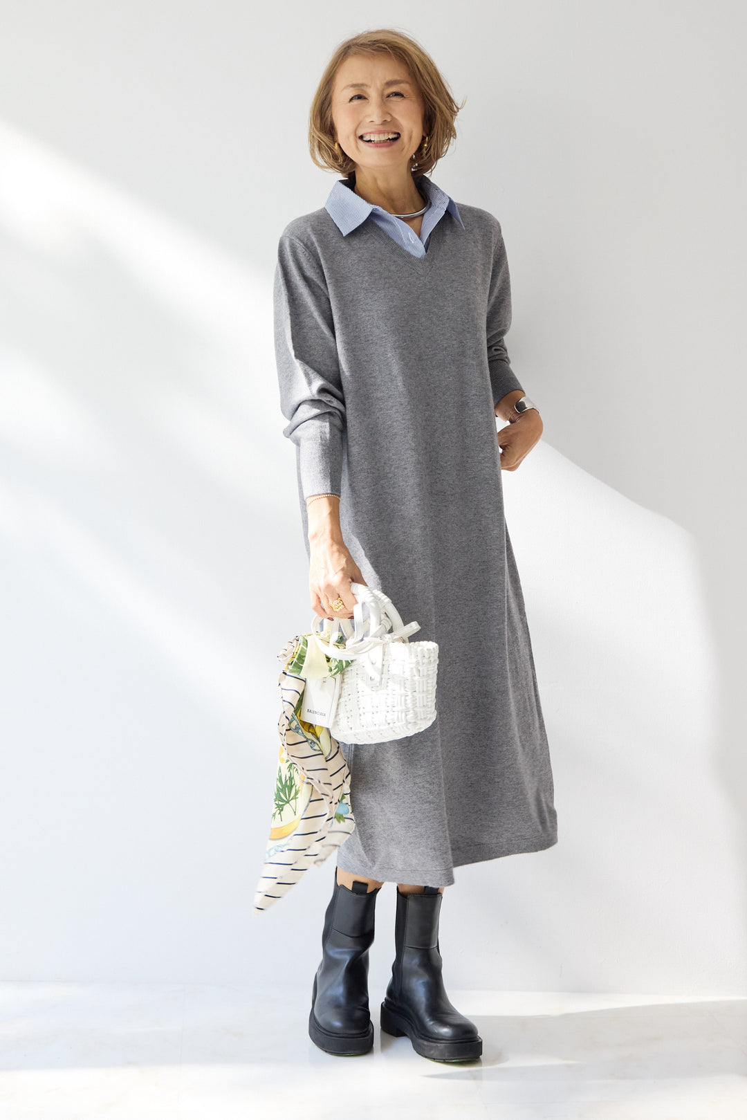 ストライプシャツカラー ニットワンピース