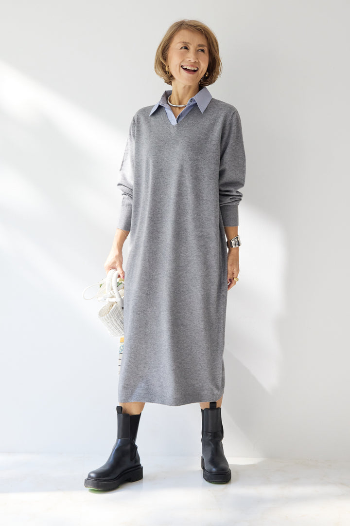 ストライプシャツカラー ニットワンピース