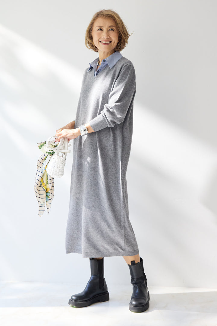 ストライプシャツカラー ニットワンピース