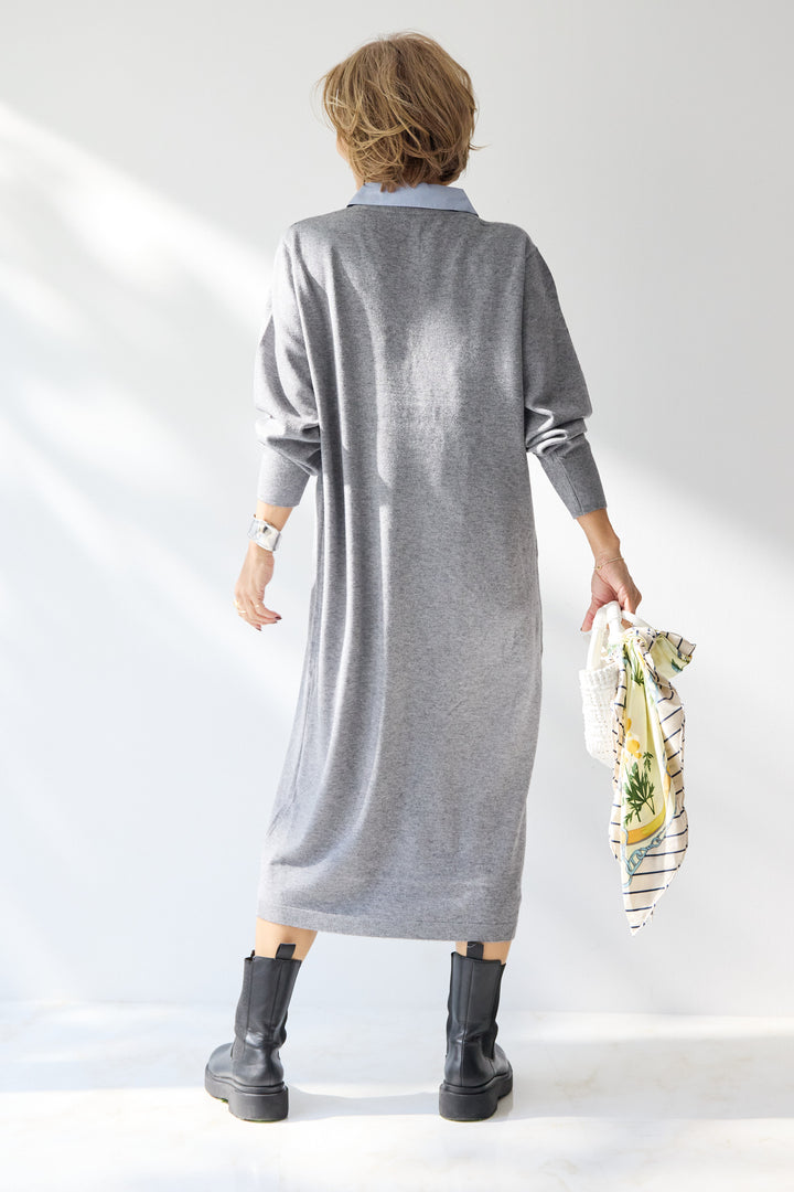 ストライプシャツカラー ニットワンピース