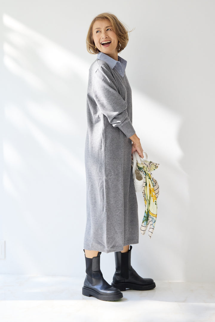 ストライプシャツカラー ニットワンピース