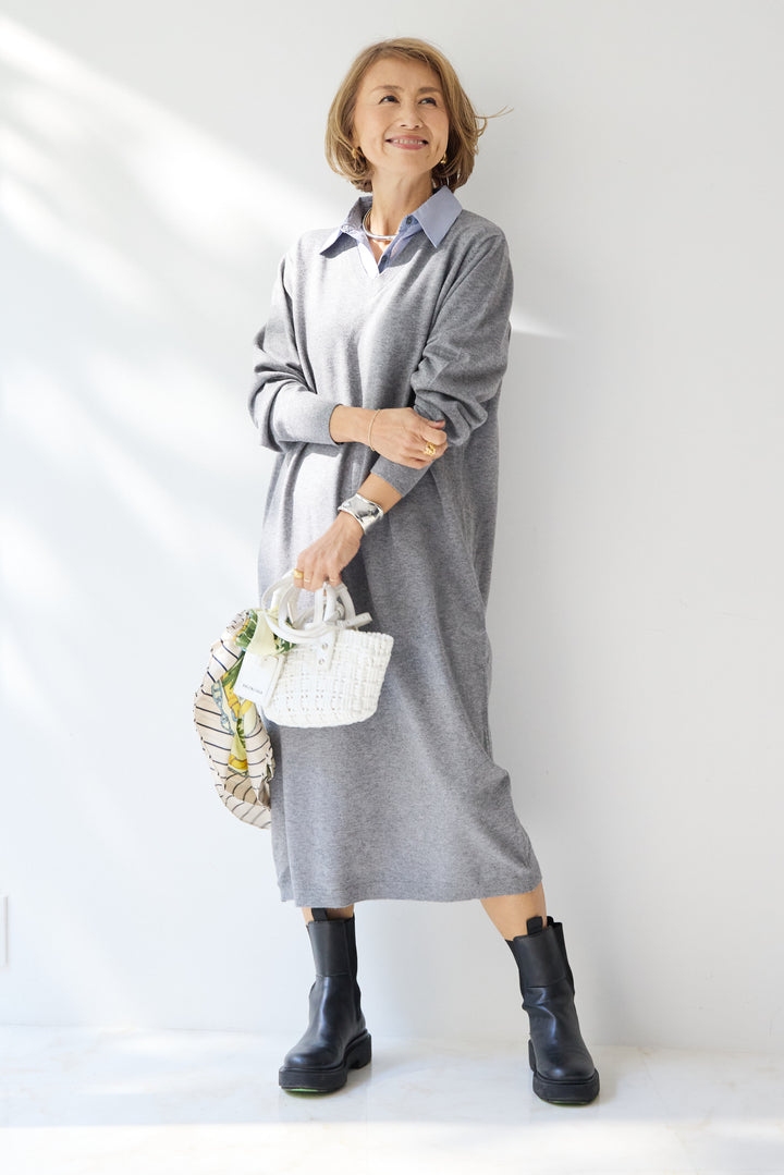 ストライプシャツカラー ニットワンピース