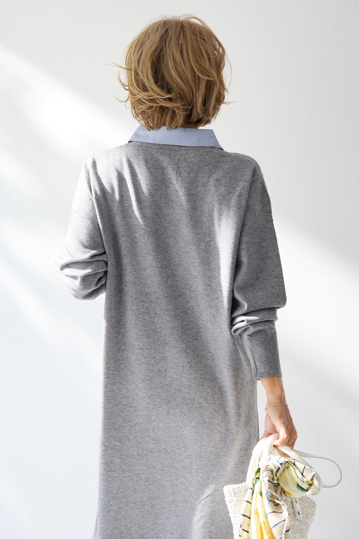 ストライプシャツカラー ニットワンピース