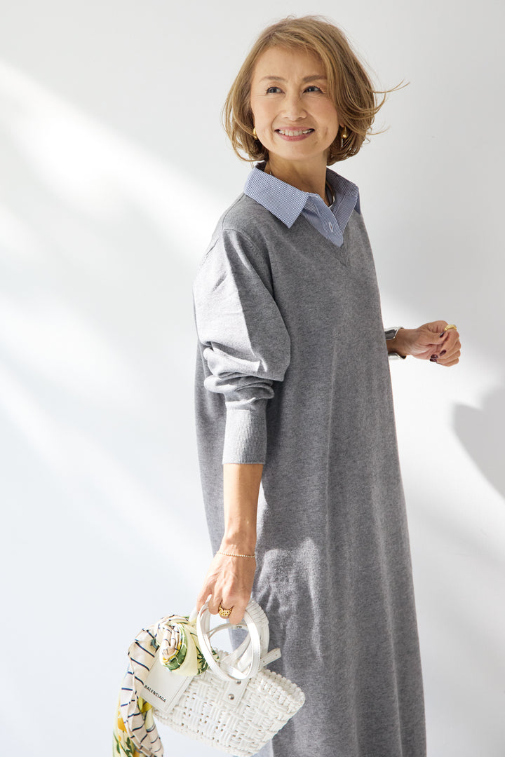 ストライプシャツカラー ニットワンピース